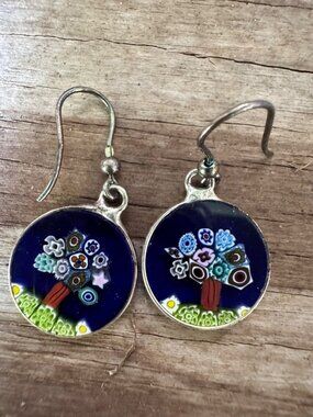 Vintage Millefiori Glass Dangle Earrings Floral Mosaic Round Blue Murano Style